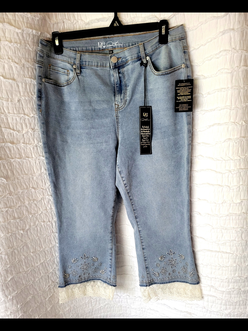 DG2 by Diane Gilman Light Blue Cropped Jeans with Lace Trim and Eyelet Detail